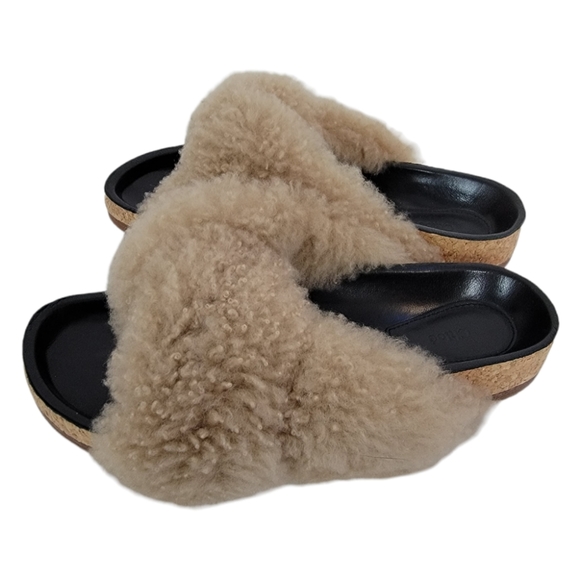 New Chloe Sherling Slides Sherpa Faux Fur Sandals Size 36 US 6 Beige - Picture 9 of 10